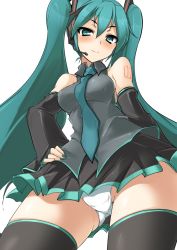 Rule 34 | 1girl, black hair, blue hair, blush, detached sleeves, dutch angle, green eyes, green hair, hatsune miku, headset, jewelry, long hair, matching hair/eyes, momio, necklace, panties, pantyshot, skirt, smile, solo, thighhighs, twintails, underwear, upskirt, very long hair, vocaloid, white panties