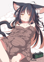 Rule 34 | 1girl, ahoge, animal ear fluff, animal ears, black hair, blush, brown sweater, cat ears, cat tail, clock, collarbone, daidai ookami, digital clock, feet out of frame, highres, long hair, messy hair, open mouth, orange eyes, original, ribbed sweater, sleepy, sleeves past fingers, sleeves past wrists, solo, sweater, tail