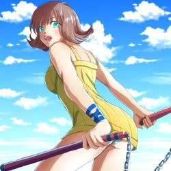 Rule 34 | 1girl, ass, blush, brown hair, cloud, cowboy shot, final fantasy, final fantasy viii, flipped hair, green eyes, highres, holding, holding weapon, kamio18, looking at viewer, nunchaku, open mouth, panties, selphie tilmitt, short hair, smile, solo, square enix, underwear, weapon, yellow overalls