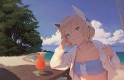Rule 34 | 1girl, android, antica (bigrbear), beach, bigrbear, bikini, blonde hair, blue bikini, blue sky, breasts, cherry, cloud, cocktail, collarbone, commentary, cup, day, drinking glass, drinking straw, food, fruit, green eyes, hand on own head, head rest, head tilt, headgear, highres, joints, lemon, lemon slice, long sleeves, looking at viewer, ocean, open clothes, open shirt, original, outdoors, parted lips, robot joints, shirt, short hair, sky, small breasts, smile, solo, strapless, strapless bikini, sunlight, swimsuit, table, tree, upper body, water, white shirt, wooden table