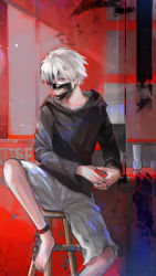 Rule 34 | 1boy, barefoot, black background, black jacket, blue background, chain, collarbone, foot out of frame, grey hair, grey shorts, highres, hood, hood down, hooded jacket, jacket, kaneki ken, kyuuba melo, long sleeves, male focus, mask, mouth mask, multicolored background, own hands together, red background, red eyes, short hair, shorts, sitting, solo, teeth print, tokyo ghoul, torn clothes, torn shorts