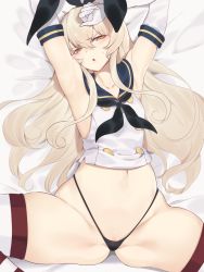 Rule 34 | 1girl, :o, armpits, arms up, ass, bacius, bad id, bad twitter id, black hairband, black panties, blonde hair, blush, breasts, buttons, crop top, elbow gloves, gloves, groin, hairband, highleg, highleg panties, highres, kantai collection, long hair, looking at viewer, navel, neckerchief, panties, pussy, pussy peek, school uniform, serafuku, shimakaze (kancolle), small breasts, solo, spread legs, striped clothes, striped thighhighs, sweatdrop, thighhighs, thong, underwear, white gloves, yellow eyes