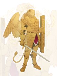 Rule 34 | armor, armored boots, boots, closed mouth, dungeon meshi, feathered wings, full body, furry, furry male, gauntlets, grey pants, highres, holding, holding sword, holding weapon, lion, living armor (dungeon meshi), looking ahead, male focus, pants, pauldrons, plate armor, shield, shoulder armor, smile, solo, standing, sword, weapon, white background, winged animal, winged lion (dungeon meshi), winged sword, wings, wushutaichuitousangqideyizhichong, yellow theme, zoom layer