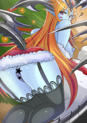 Rule 34 | 1girl, ?, ass, bad id, bad pixiv id, bare shoulders, black thighhighs, blue skin, blush stickers, breasts, censored, christmas, colored skin, from behind, fur trim, garter straps, hera (p&amp;d), highres, horns, large breasts, long hair, looking at viewer, looking back, nipples, no panties, orange hair, pointy ears, purple eyes, pussy, puzzle &amp; dragons, santa hera (p&amp;d), shiva (tairakuten), solo, star censor, tail, thighhighs, tiara, very long hair