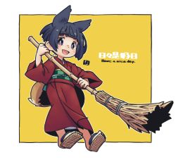Rule 34 | 1girl, :d, animal ears, bamboo broom, black hair, broom, brown footwear, commentary, english text, fox ears, fox girl, fox tail, full body, holding, holding broom, japanese clothes, kimono, kukuri (mawaru), long sleeves, looking at viewer, mawaru (mawaru), obi, open mouth, original, purple eyes, red kimono, sandals, sash, shoe soles, short hair, smile, solo, symbol-only commentary, tail, thick eyebrows, translation request, two-tone background, white background, wide sleeves, yellow background, zouri