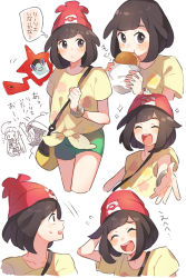 Rule 34 | 2girls, ;d, ^ ^, arm behind head, arm up, bag, beanie, black eyes, blush, brown hair, chibi, chibi inset, closed eyes, closed mouth, creatures (company), crossed legs, eating, facing viewer, floating, floral print, flying sweatdrops, food, game freak, gen 4 pokemon, green shorts, happy, hat, highres, holding, holding food, looking at viewer, motion lines, multiple girls, multiple views, nintendo, no headwear, one eye closed, open mouth, outstretched arm, pokemon, pokemon (creature), pokemon sm, print shirt, profile, red hat, rotom, rotom dex, round teeth, sanpaku, selene (pokemon), shirt, short hair, short shorts, short sleeves, shorts, shoulder bag, simple background, smile, sparkle, standing, surprised, tareme, teeth, thought bubble, translation request, unapoppo, upper body, white background, wrapper