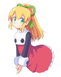Rule 34 | 1girl, black shirt, blonde hair, capcom, chikuwa (majihima), closed mouth, commentary request, dress, female focus, flat chest, frilled dress, frills, green eyes, green ribbon, hair between eyes, hair ribbon, long hair, long sleeves, looking at viewer, mega man (classic), mega man (series), mega man 8, own hands together, ponytail, red dress, ribbon, roll (mega man), shirt, sidelocks, simple background, smile, solo, turtleneck, turtleneck dress, undershirt, v arms, white background