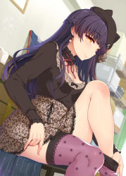 Rule 34 | 1girl, black hair, black headwear, black shirt, blunt bangs, blurry, blurry background, blush, braid, breasts, brown eyes, buttoned cuffs, buttons, cleavage, closed mouth, commentary request, earrings, french braid, highres, idolmaster, idolmaster shiny colors, indoors, jewelry, kirin kakeru, knee up, long hair, long sleeves, looking at viewer, mayuzumi fuyuko, medium breasts, purple thighhighs, red ribbon, ribbon, shirt, shirt tucked in, sitting, skirt, smile, solo, thighhighs