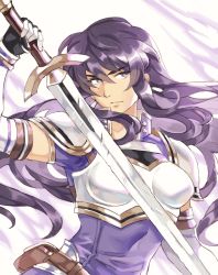 Rule 34 | 1girl, absurdres, armor, ayra (fire emblem), bad id, bad twitter id, black hair, breastplate, earrings, elbow gloves, fire emblem, fire emblem: genealogy of the holy war, fire emblem heroes, gloves, highres, jewelry, long hair, nintendo, purple eyes, solo, sword, tecchen, weapon