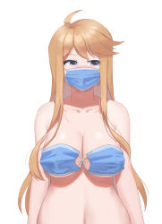 Rule 34 | 1girl, absurdres, ahoge, blue eyes, blush, breasts, brown hair, cleavage, covering privates, covering breasts, cowboy shot, highres, idolmaster, idolmaster million live!, large breasts, long hair, looking away, mask, mouth mask, navel, plump, simple background, sketch, solo, surgical mask, swept bangs, tokoro megumi, tomid, wardrobe malfunction, white background