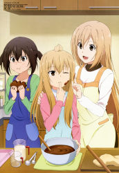 Rule 34 | 3girls, :3, :d, :t, absurdres, apron, baking, blonde hair, bowl, brown hair, candy, chocolate, chocolate heart, eating, food, food on face, heart, highres, indoors, kanai yuuko, kitchen, long hair, megami magazine, minami-ke, minami chiaki, minami haruka, minami kana, mixing bowl, multiple girls, non-web source, official art, one eye closed, open mouth, satou motoaki, scan, siblings, sisters, smile, standing, tasting, valentine, very long hair, wink