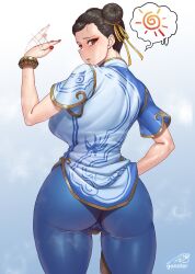 Rule 34 | 1girl, ass, blush, bracelet, breasts, brown eyes, brown hair, cameltoe, capcom, china dress, chinese clothes, chun-li, cleft of venus, double bun, dress, earrings, fanning, fanning self, gonster, gradient background, hair bun, highres, hot, jewelry, large breasts, looking at viewer, looking back, short hair, signature, solo, street fighter, street fighter 6, sweat, thick thighs, thighs