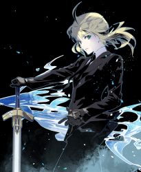 Rule 34 | 1girl, artoria pendragon (all), artoria pendragon (fate), black background, black gloves, black jacket, black nails, black pants, blonde hair, cofffee, excalibur (fate/stay night), expressionless, fate/zero, fate (series), formal, gloves, jacket, looking at viewer, low ponytail, nail polish, pants, planted, planted sword, planted weapon, saber (fate), shirt, short ponytail, solo, suit, sword, weapon, white shirt