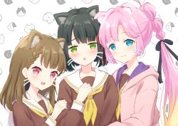 Rule 34 | 3girls, :3, :o, animal ears, anyoji hime, black hair, black ribbon, blue eyes, blunt bangs, blush, braid, brown dress, brown hair, cat ears, chestnut mouth, circle, closed mouth, commentary, drawn whiskers, dress, fang, flower knot, gradient hair, green eyes, group hug, hair intakes, hair ribbon, hand on another&#039;s arm, hand on own chest, hasu no sora school uniform, highres, hug, jacket, kachimachi kosuzu, kemonomimi mode, link! like! love live!, long sleeves, looking at viewer, love live!, momose ginko, multi-tied hair, multicolored hair, multiple girls, neckerchief, open clothes, open jacket, open mouth, outline, parted bangs, pink eyes, pink hair, pink jacket, pleated dress, ponytail, purple jacket, ribbon, sailor collar, school uniform, sidelocks, skin fang, smile, split mouth, symbol-only commentary, virtual youtuber, white background, white outline, white sailor collar, winter uniform, yellow neckerchief, yutuki ame
