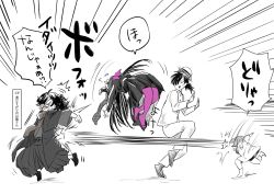 Rule 34 | 1koma, 2boys, 2girls, ^^^, aged down, ahoge, ball, black hair, child, comic, commentary request, dodging, fate/grand order, fate (series), fedora, floating, fujimaru ritsuka (female), greyscale, hair ornament, hair over one eye, hair scrunchie, hat, highres, hitting, jacket, japanese clothes, kashiyama, long hair, long sleeves, low ponytail, monochrome, multiple boys, multiple girls, okada izou (fate), open mouth, oryou (fate), ponytail, purple legwear, sakamoto ryouma (fate), scarf, scrunchie, side ponytail, skirt, speech bubble, surprised, sweatdrop, throwing, translation request, twitter username, very long hair, white background, white hat, white jacket