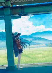 Rule 34 | 1girl, barefoot, black hair, black shorts, blue sky, cloud, day, full body, hat, highres, instrument case, instrument on back, jacket, kumagaya nono, long hair, mountain, original, outdoors, red jacket, shade, shorts, sky, sleeves past fingers, sleeves past wrists, solo, standing, sun hat, white hat