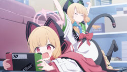 Rule 34 | 2girls, animal ear headphones, aqua bow, arms up, black footwear, blonde hair, blue archive, blue necktie, bow, cat ear headphones, closed eyes, closed mouth, collared shirt, couch, fake animal ears, fake tail, hair bow, halo, handheld game console, headphones, highres, holding, holding handheld game console, hood, hooded jacket, indoors, jacket, light particles, long sleeves, lying, midori (blue archive), momoi (blue archive), multiple girls, necktie, on stomach, open clothes, open jacket, open mouth, red bow, red eyes, shirt, siblings, sisters, sweat, tail, twins, white shirt, wide sleeves, yako mashiro