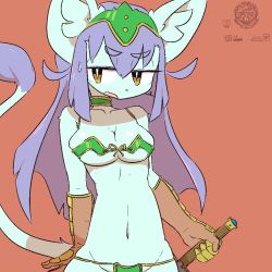 Rule 34 | 1girl, bikini, breasts, cat, female focus, furry, furry female, gloves, open mouth, purple hair, simple background, solo, swimsuit, sword, the amboina, upper body, weapon, yellow eyes