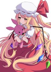 Rule 34 | 1girl, :t, alternate hair length, alternate hairstyle, blonde hair, blush, commentary request, crossed arms, fingernails, flandre scarlet, hat, hat ribbon, highres, hugging object, long hair, looking to the side, mob cap, nail polish, one side up, partial commentary, puffy short sleeves, puffy sleeves, red nails, red skirt, red vest, ribbon, shirt, short sleeves, simple background, sitting, skirt, solo, stuffed animal, stuffed rabbit, stuffed toy, touhou, tsukimirin, very long hair, vest, wariza, white background, white hat, white shirt, wings, wrist cuffs, yellow neckwear