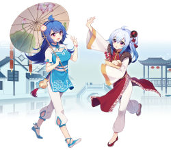 Rule 34 | 2girls, ahoge, bili girl 22, bili girl 33, bilibili, blue hair, blush, breasts, flat chest, flower, hair flower, hair ornament, large breasts, long hair, long sleeves, looking at another, multiple girls, oil-paper umbrella, open mouth, pagoda, parted lips, sharlorc, short hair, short sleeves, side ponytail, smile, umbrella