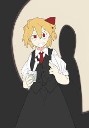 Rule 34 | 1girl, black skirt, black vest, blonde hair, bolos, bone, collared shirt, commentary, cowboy shot, cup, english commentary, finger gun, flat chest, grin, hair between eyes, hair ribbon, holding, holding cup, long bangs, long skirt, looking at viewer, messy hair, necktie, red eyes, red necktie, red ribbon, ribbon, rumia, shadow, shirt, short hair, short sleeves, skirt, skirt set, smile, solo, touhou, uneven eyes, vest, white shirt