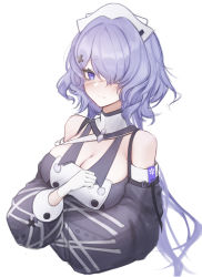 Rule 34 | 1girl, absurdres, arknights, bare shoulders, breasts, cleavage, commentary, detached sleeves, gloves, hair over one eye, hat, highres, large breasts, long hair, long sleeves, looking at viewer, nurse cap, oni0417, purple eyes, purple hair, simple background, solo, upper body, whisperain (arknights), white background, white gloves