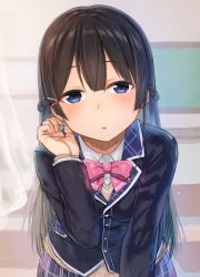 Rule 34 | 1girl, absurdres, black hair, black jacket, blazer, blouse, blue eyes, blue skirt, blurry, blurry background, bow, bowtie, braid, classroom, collared shirt, commentary request, curtains, depth of field, dress shirt, hair between eyes, hair ornament, hairclip, hand up, highres, hoshimiya aki, indoors, jacket, leaning forward, long hair, long sleeves, looking at viewer, nijisanji, parted lips, pink bow, pink bowtie, plaid, plaid skirt, pleated skirt, school, school uniform, shirt, sidelocks, skirt, solo, sweater vest, tsukino mito, tsukino mito (1st costume), very long hair, virtual youtuber, white shirt