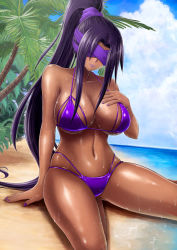 Rule 34 | arm support, bare arms, bare shoulders, beach, bikini, black hair, blindfold, blue sky, breasts, closed mouth, cloud, cloudy sky, collarbone, commentary request, dark-skinned female, dark skin, day, fingernails, hand on own chest, high ponytail, huge breasts, lips, lipstick, long hair, makeup, marine day, nail polish, navel, ocean, original, outdoors, palm leaf, palm tree, purple bikini, purple lips, purple nails, sasaki (sasaki1de0), shiny clothes, shiny skin, sitting, sky, smile, solo, stomach, swimsuit, thighs, tree, water, water drop, wet