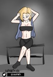 Rule 34 | android, android 18, blonde hair, breasts, brushing, dragon ball, dragon ball super, dragonball z, euphoria-xox, female focus, grey background, highres, large breasts, crossed legs, looking down, short hair, sitting, sitting on object, smile, sports bra, sports wear, trainers