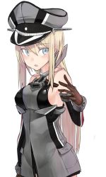 Rule 34 | 10s, 1girl, bad id, bad pixiv id, bare shoulders, bismarck (kancolle), blonde hair, blue eyes, blush, breasts, brown gloves, detached sleeves, fujibejifu, gloves, hat, kantai collection, long hair, military, military hat, military uniform, peaked cap, simple background, solo, uniform, white background
