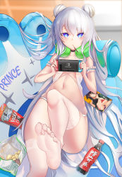 Rule 34 | 1girl, absurdres, armband, azur lane, bad id, bad pixiv id, blue eyes, blurry, blurry background, chinese commentary, chips (food), choker, closed mouth, collarbone, couch, double bun, feet, food, food in mouth, hair bun, highres, holding, jinpaitugounan, le malin (azur lane), lingerie, long hair, looking at viewer, manga (object), navel, nintendo switch, no shoes, panties, pocky, see-through, soda bottle, soles, solo, thighhighs, thighs, toes, underwear, very long hair, white hair, white panties, white thighhighs