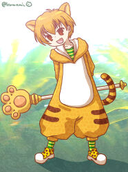 Rule 34 | 1girl, animal costume, animal ears, animal print, brown eyes, fang, fate/grand order, fate (series), full body, holding, holding behind back, jaguarman (fate), kumami (shimazaki misae), open mouth, orange hair, polka dot footwear, reverse trap, shirt, short hair, skin fang, socks, solo, striped clothes, striped shirt, striped socks, tiger costume, tiger ears, tiger girl, tiger print, twitter username