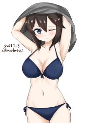 Rule 34 | 1girl, bikini, black hair, blue bikini, breasts, cleavage, commentary request, cowboy shot, dated, grey shirt, hayasui (kancolle), highres, kantai collection, large breasts, looking at viewer, navel, one eye closed, shirt, short hair, side-tie bikini bottom, grey eyes, simple background, solo, standing, swimsuit, twitter username, undressing, white background, yamazasan
