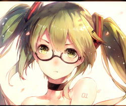 Rule 34 | 1girl, bad id, bad pixiv id, bespectacled, choker, earrings, glasses, green eyes, green hair, hadean92, hatsune miku, jewelry, matching hair/eyes, portrait, solo, twintails, upper body, vocaloid