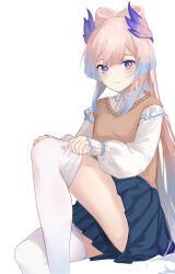 Rule 34 | 1girl, absurdres, adjusting clothes, adjusting legwear, alternate costume, blue eyes, blue skirt, bow-shaped hair, closed mouth, collared shirt, colored tips, genshin impact, highres, long hair, long sleeves, looking at viewer, multicolored eyes, multicolored hair, pink hair, sangonomiya kokomi, school uniform, shirt, sidelocks, simple background, sitting, skirt, smile, solo, thighhighs, white background, white shirt, white thighhighs, xiaobei