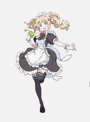 Rule 34 | 1girl, :d, black footwear, black thighhighs, blonde hair, blue eyes, breasts, food, fruit, full body, ggozira, highres, holding, holding food, holding fruit, long hair, maid, maid headdress, open mouth, original, sketch, small breasts, smile, solo, standing, standing on one leg, thighhighs, twintails, victorian maid, wrist cuffs