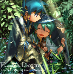 Rule 34 | 2boys, :d, bad id, bad pixiv id, blue cape, blue hair, cape, closed eyes, dagger, emmmerald, forest, green hair, japanese clothes, jewelry, knife, leaf, multiple boys, nature, open mouth, puzzle &amp; dragons, red eyes, river, smile, squirrel, umisachi &amp; yamasachi (p&amp;d), weapon