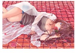 Rule 34 | 10s, 1girl, ahoge, black shirt, blue eyes, border, breasts, brown hair, camisole, cleavage, coat, flower, grey border, highres, ichinose shiki, idolmaster, idolmaster cinderella girls, lab coat, large breasts, long hair, looking at viewer, lying, messy hair, migimaki (migi mawashi), off shoulder, on floor, on side, open clothes, open coat, petals, red flower, red rose, rose, rose petals, shirt, shorts, solo, spaghetti strap, water, wet