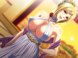 Rule 34 | 1girl, bare shoulders, blonde hair, breasts, cleavage, flower, game cg, large breasts, lips, looking at viewer, naughty face, rose, solo, souin celeb tsuma kyouran no hate, toga, zion (company)