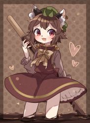 Rule 34 | 1girl, :3, animal ear fluff, animal ears, bow, bowtie, brown background, brown hair, cat ears, chen, chocolate, earrings, fang, food, green hat, hat, heart, highres, ibaraki natou, jewelry, long sleeves, looking at viewer, mob cap, one-hour drawing challenge, open mouth, partially submerged, pocky, polka dot, polka dot background, red eyes, red skirt, red vest, short hair, single earring, skirt, smile, solo, standing, touhou, twitter username, vest, yellow bow, yellow bowtie