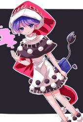 Rule 34 | 1girl, black background, black dress, book, boots, border, closed mouth, commentary request, doremy sweet, dream soul, dress, hair between eyes, hand up, hat, highres, holding, holding book, looking at viewer, ououno, outside border, pom pom (clothes), purple eyes, purple hair, red hat, short hair, short sleeves, simple background, smile, solo, standing, tail, touhou, turtleneck, turtleneck dress, two-tone dress, white border, white dress, white footwear