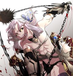 Rule 34 | 1girl, abs, belt, black sclera, blood, bow, chain, claws, clenched teeth, colored sclera, fate/grand order, fate (series), hair bow, i-pan, mouth hold, penthesilea (fate), ripping, silver hair, solo, strapless, teeth, tube top, vambraces, yellow eyes