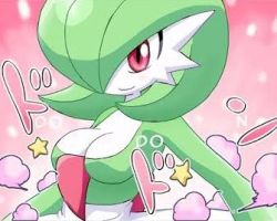Rule 34 | between breasts, breasts, cleavage, creatures (company), cropped, game freak, gardevoir, gen 3 pokemon, jpeg artifacts, looking to the side, lowres, medium breasts, nintendo, one eye covered, pink background, pokemoa, pokemon, pokemon (creature), red eyes, smile, sound effects, star (symbol), steam, third-party edit, upper body