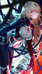 Rule 34 | 1girl, absurdres, blonde hair, blurry, blurry foreground, bodysuit, breasts, chinese text, eyepatch, hair ornament, hairclip, highres, kkaags, long hair, looking at viewer, mechanical arms, mechanical legs, medium breasts, nemesis (tower of fantasy), red eyes, tower of fantasy