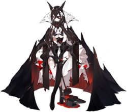 Rule 34 | 1girl, anvil, ark order, artist request, black cape, black dress, black gloves, black hair, black thighhighs, breasts, cape, clothing cutout, crossed bangs, dress, expressionless, flower, flower ring, gloves, hair ornament, hammer, hephaestus (ark order), holding, holding hammer, jewelry, large breasts, long hair, lava, multicolored clothes, multicolored dress, official art, pale skin, red eyes, red flower, red rose, ring, rock, rose, sideboob, single sock, single thighhigh, sitting, socks, solo, tachi-e, thighhighs, transparent background, underboob cutout, very long hair, white dress