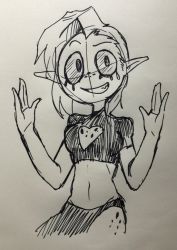 Rule 34 | 1girl, belly, breasts, crop top, eyebrows, freckles, long skirt, lord dominator, ponytail, side cut, simple background, sketch, skirt, smile, solo, stomach, teeth, wander over yonder