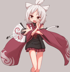 Rule 34 | 1girl, :d, animal ears, azur lane, brown eyes, commentary request, detached sleeves, fang, folding fan, grey background, hand fan, hand up, holding, holding fan, japanese clothes, long sleeves, looking at viewer, open mouth, pleated skirt, short hair, shouhou (azur lane), silver hair, simple background, skirt, smile, socks, solo, standing, sumiyao (amam), thigh gap, topknot, white socks, wide sleeves