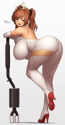 Rule 34 | 1girl, :d, absurdres, ass, back, bare shoulders, bent over, breasts, brown eyes, brown hair, commentary request, full body, gloves, gradient background, grey background, hanging breasts, high heels, highres, huge breasts, looking at viewer, maki (makino momiji), makino momiji (artist), medium hair, open mouth, original, red footwear, smile, solo, thighhighs, tiara, translation request, white gloves