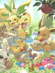 Rule 34 | absurdres, apple, bayleef, berry (pokemon), blanket, bottle, bounsweet, bowl, branch, budew, cheek-to-cheek, cheese, closed eyes, creatures (company), eevee, food, fruit, game freak, gen 1 pokemon, gen 2 pokemon, gen 4 pokemon, gen 5 pokemon, gen 7 pokemon, hakkentai pokedan, heads together, highres, holding, holding bowl, holding food, iapapa berry, leaf, lying, minccino, napkin, nintendo, on back, on grass, one eye closed, open mouth, oran berry, outdoors, pecha berry, pepper mill, picnic basket, pikachu, pokemon, pokemon (creature), pokemon mystery dungeon, sandwich, scarf, smile, squinting, tree, v-shaped eyes, wooden bowl, wooden spoon