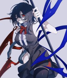 Rule 34 | 1girl, asymmetrical wings, black hair, black thighhighs, blue wings, bow, bowtie, breasts, center frills, commentary request, cowboy shot, dress, frills, grey background, highres, houjuu nue, looking at viewer, medium hair, messy hair, red bow, red bowtie, red eyes, red wings, simple background, sleeveless, sleeveless dress, solo, thighhighs, touhou, wings, xx asui